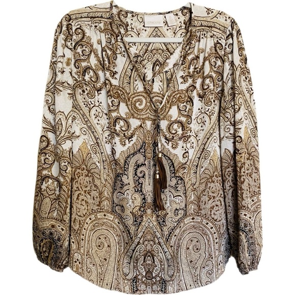 Chico's Precious Medallion Louise Top  Brown Peasant Tassel SZ 0 (XS, 4) - Picture 1 of 16